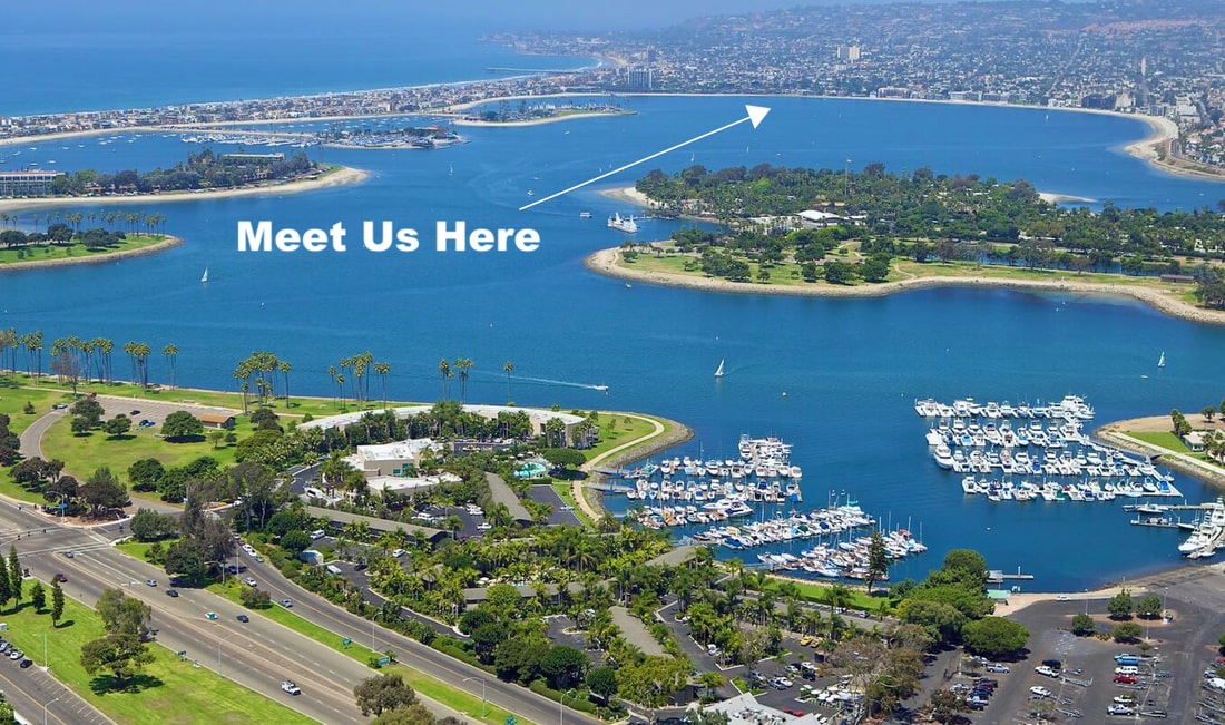 aerial view of mission bay with arrow pointing to kayak launch location